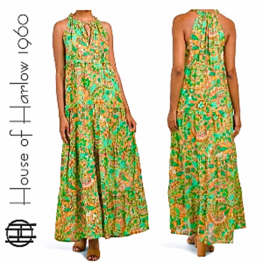 🆕NWT House Of Harlow 1960 Tiered Maxi Floral Halter Neck Dress